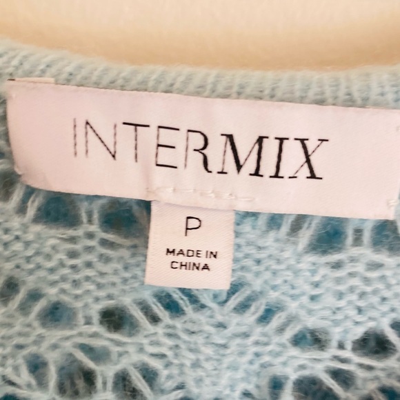 Intermix cashmere wool blend open knit pale blue hooded cardigan sweater. Small - Picture 3 of 6